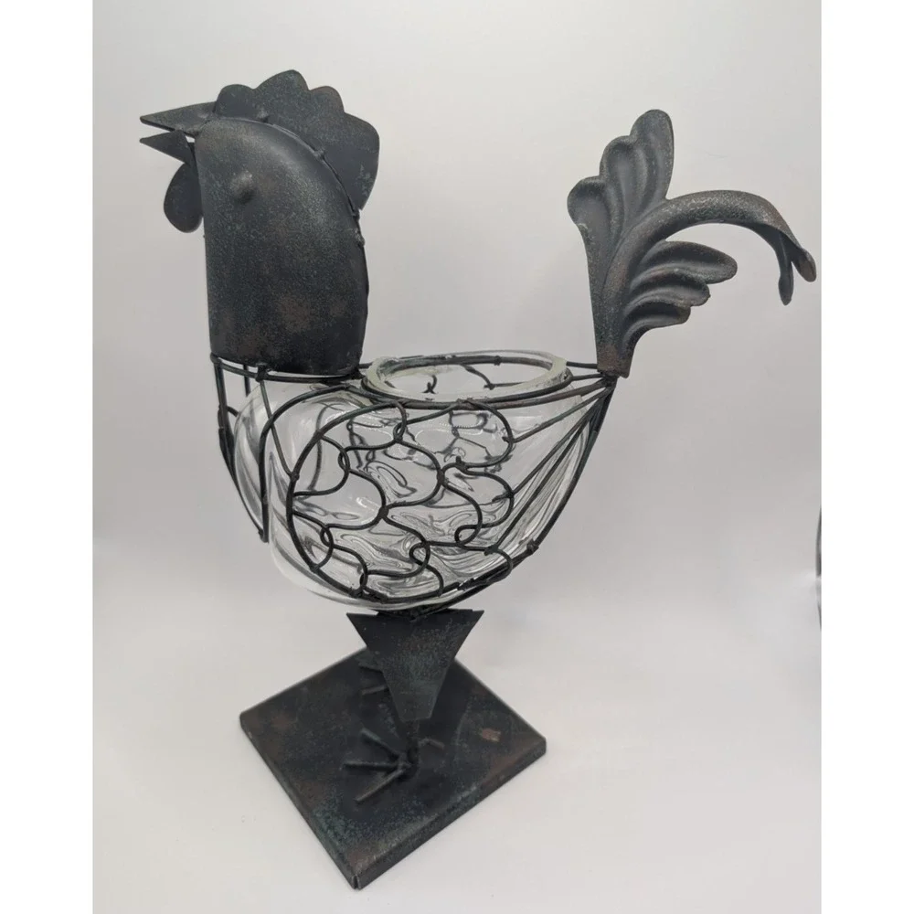 Metal Rooster Glass Insert Holder Farmhouse Kitchen Decor Centerpiece 10.5